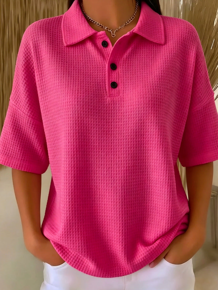 Women's Casual Loose Comfortable Lapel-Neck T-Shirt With Buttons NorixaFashion.com