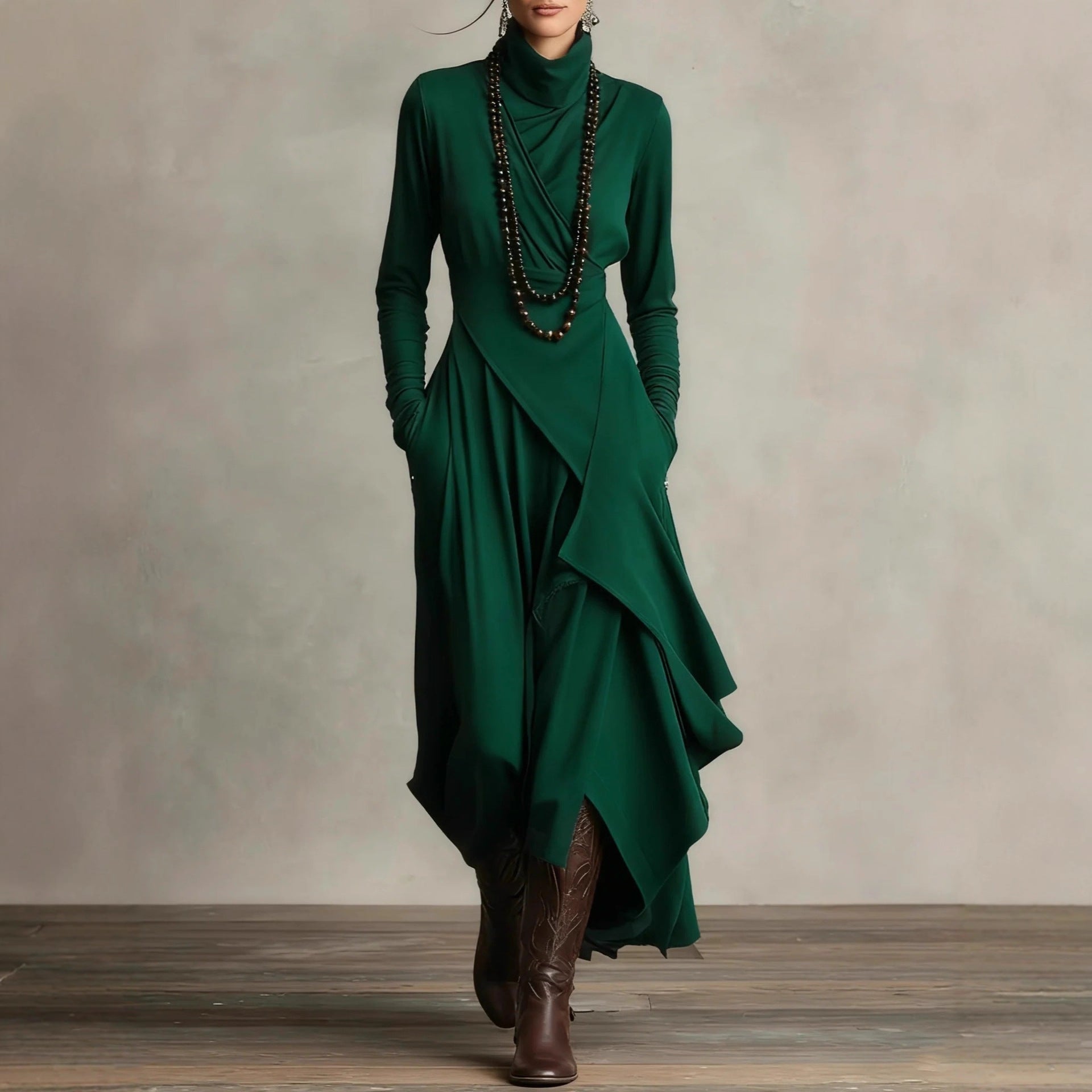 Women's Solid Color Cross-sleeve High-neck Dress LadyShow.Store