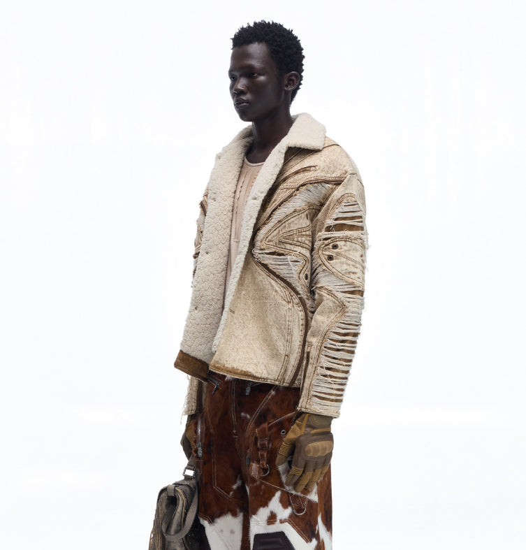 Ravaged And Distressed Apricot Lambswool Denim Jacket LuxuryLifeWay Online Store