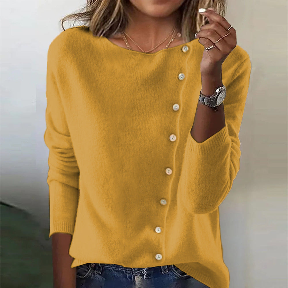 Elegant Round Neck Long Sleeve Button Sweater For Women Fall Spring Knitted Sweaters Tops LadyShow.Store