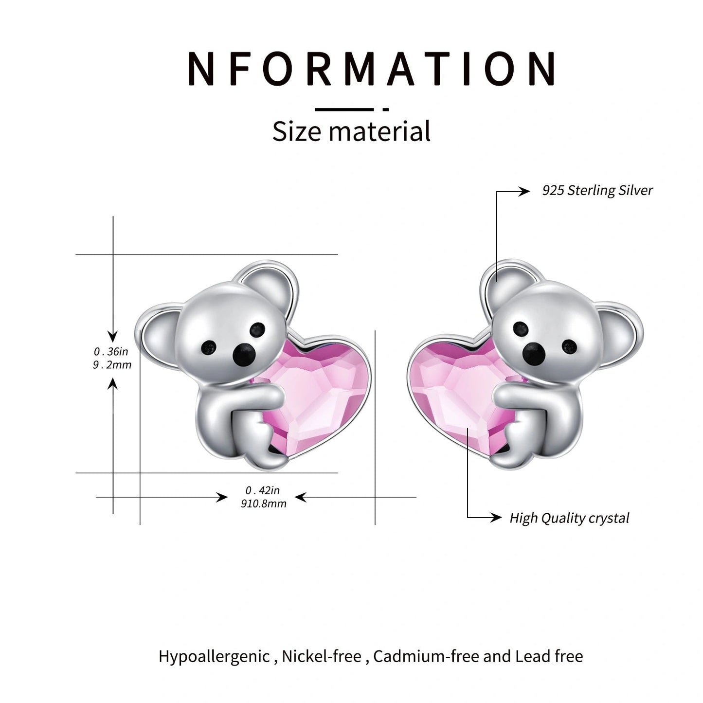925 Sterling Silver Koala Bear Cute Animal Hypoallergenic Heart Crystal Earrings Jewellery LadyShow.Store