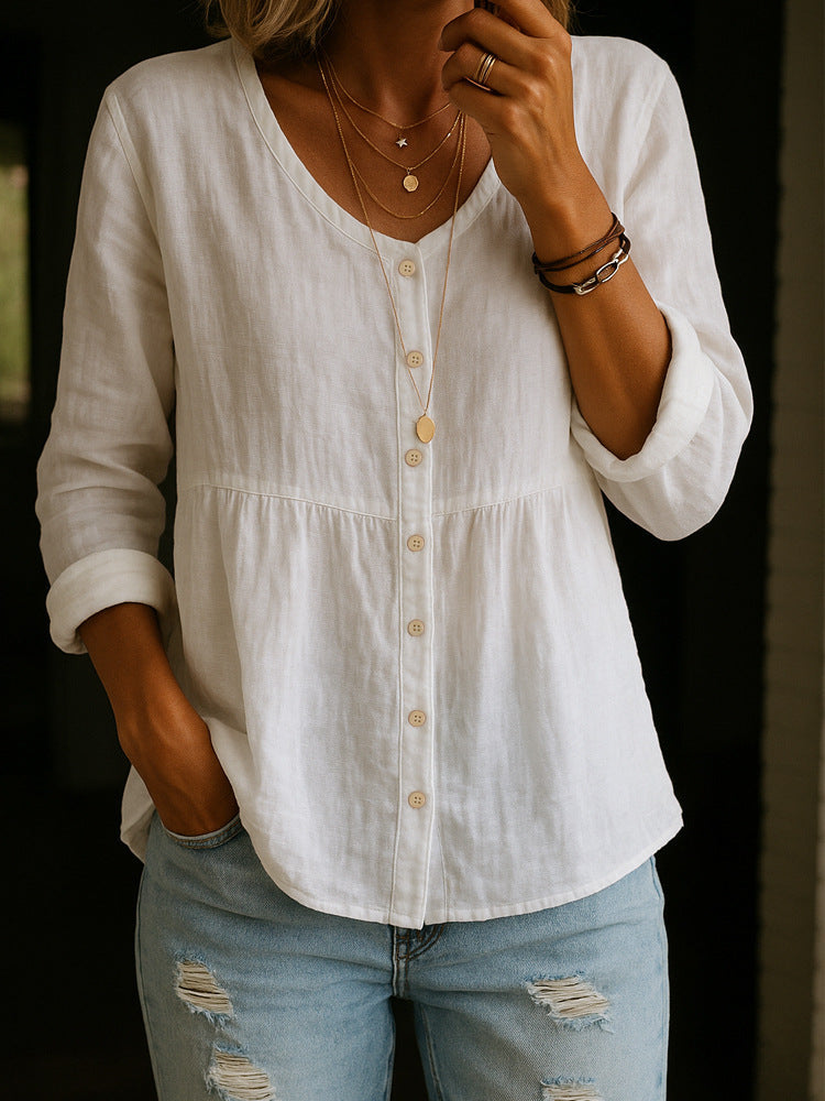 Casual Loose Fashion Cotton And Linen Long Sleeve V-neck Buttons Shirt NorixaFashion.com