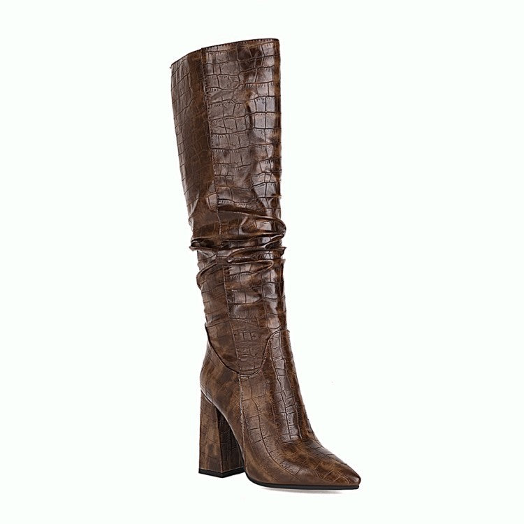 Block-heeled High-heeled High Boots With Embossed Leather Pointed Toe LadyShow.Store