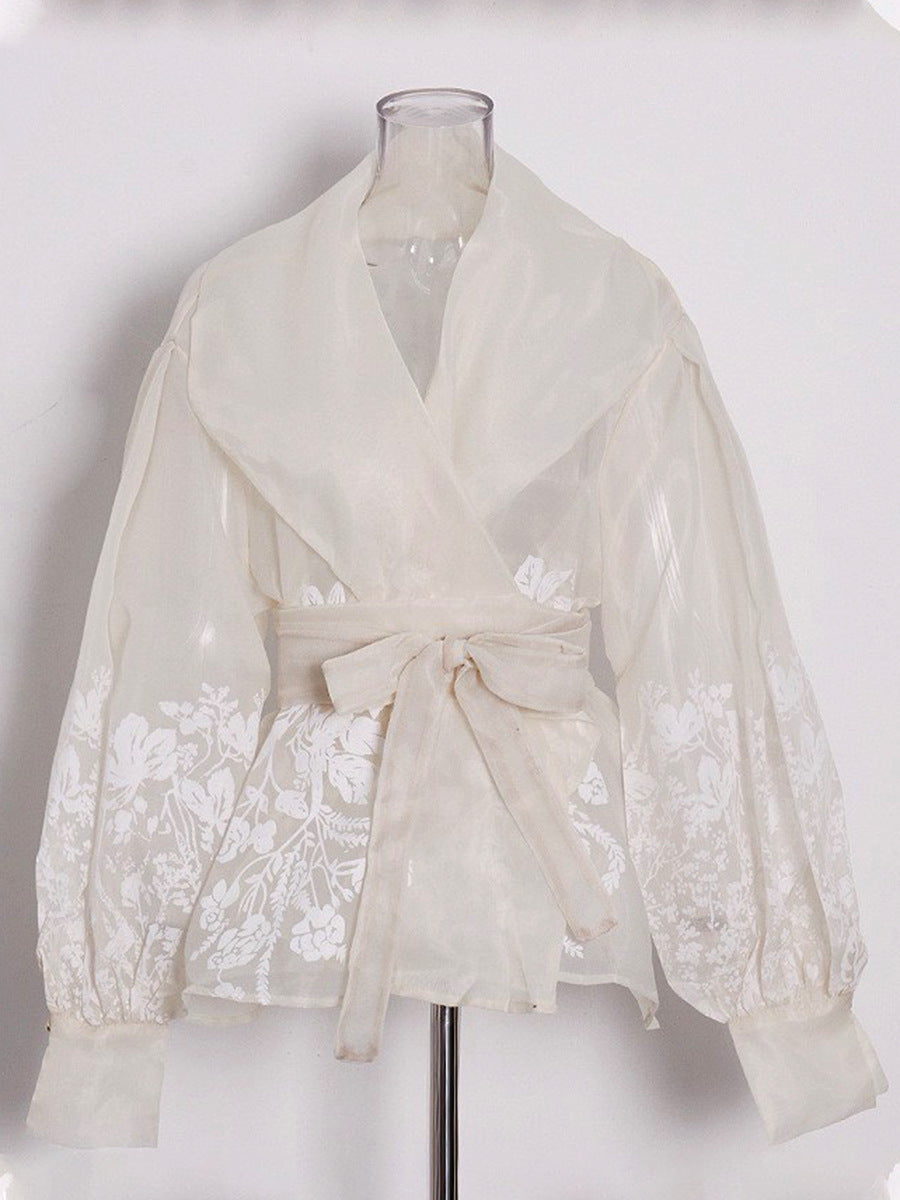 Floral Embroidery Wrap Belted Bishop Sleeve Blouse NorixaFashion.com