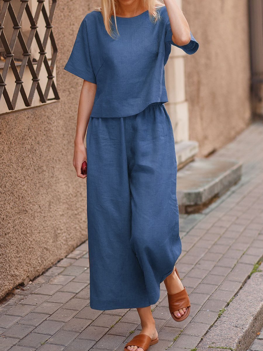 European And American Women's Linen Casual Loose Solid Color Suit Two-piece Women LadyShow.Store