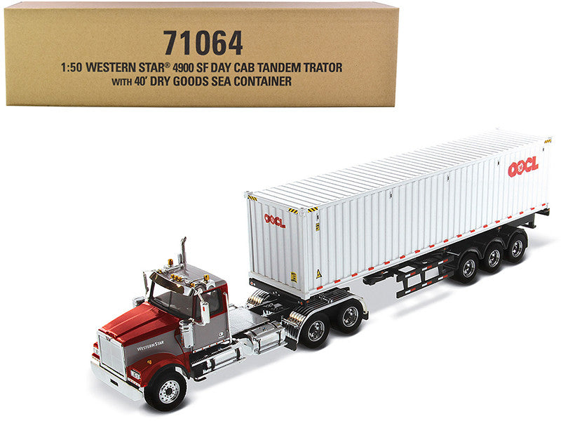 Western Star 4900 SF Tandem Day Cab Truck Tractor Red and Gray with 40' Dry Goods Sea Container "OOCL" White "Transport Series" 1/50 Diecast Model by Diecast Masters LuxuryLifeWay Online Store