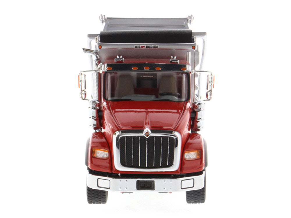 International HX620 Tandem Axle with Pusher Axle OX Stampede Dump Truck Red and Chrome "Transport Series" 1/50 Diecast Model by Diecast Masters LuxuryLifeWay Online Store