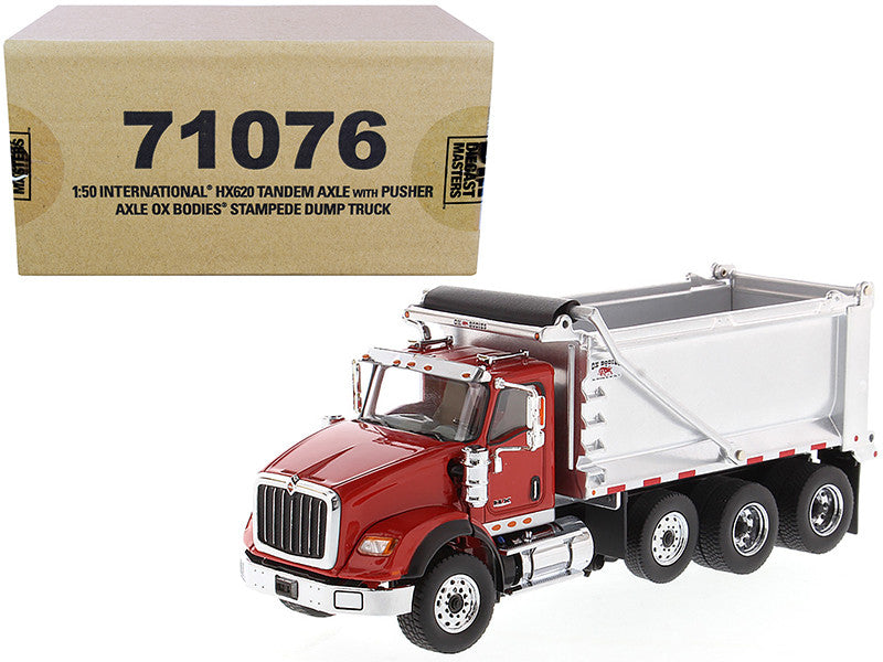 International HX620 Tandem Axle with Pusher Axle OX Stampede Dump Truck Red and Chrome "Transport Series" 1/50 Diecast Model by Diecast Masters LuxuryLifeWay Online Store