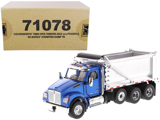 Kenworth T880S SFFA Tandem Axle with Pusher Axle OX Stampede Dump Truck Blue and Chrome "Transport Series" 1/50 Diecast Model by Diecast Masters LuxuryLifeWay Online Store