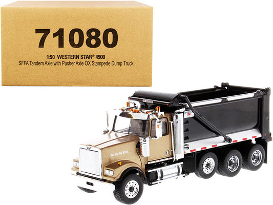 Western Star 4900 SFFA Tandem with Pusher Axle OX Stampede Dump Truck Gold and Black "Transport Series" 1/50 Diecast Model by Diecast Masters LuxuryLifeWay Online Store