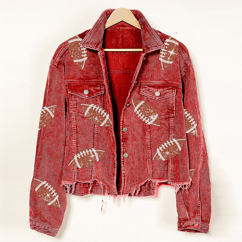 Fashion Corduroy Jacket Fashion Rugby Print Baseball Jacket Autumn And Winter Tops Clothes For Women CJD