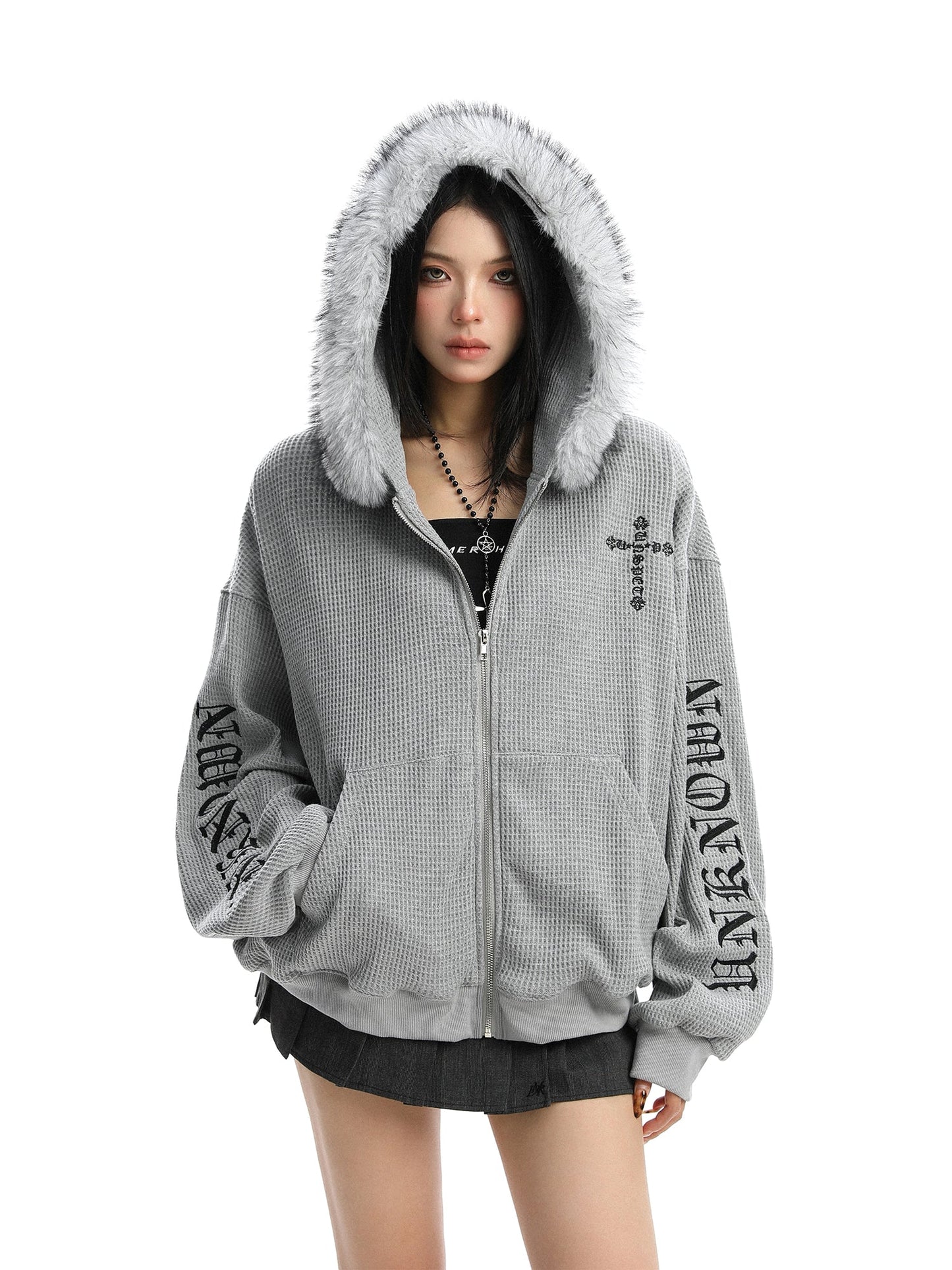 Cross Printed Hoodie Women's Fur Collar Baggy Coat Best YouTube Store