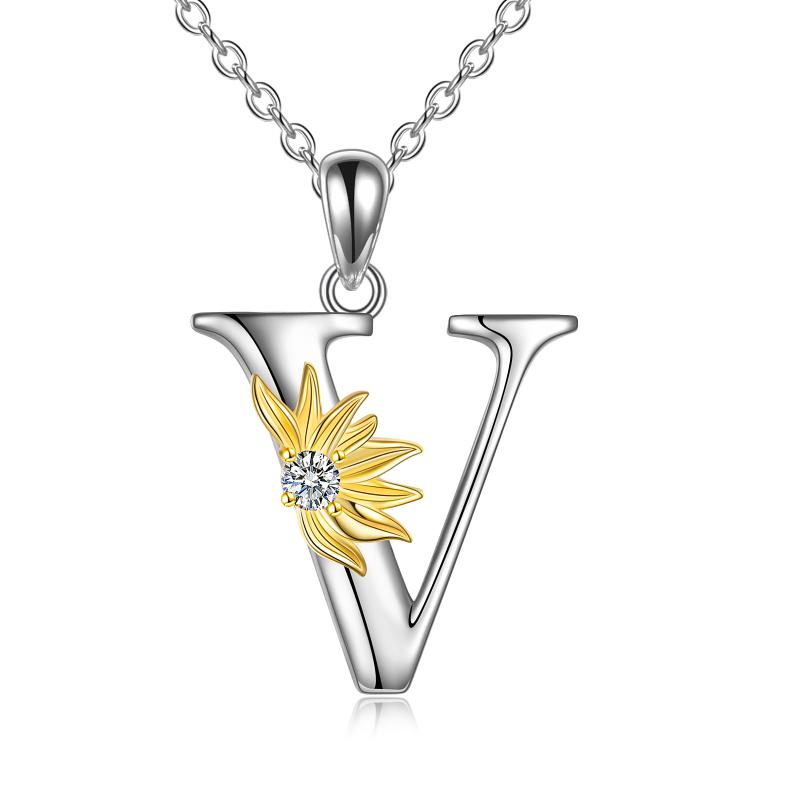 Sterling Silver Initial Alphabet Sunflower A Letter Script Name Pendant Necklace LadyShow.Store
