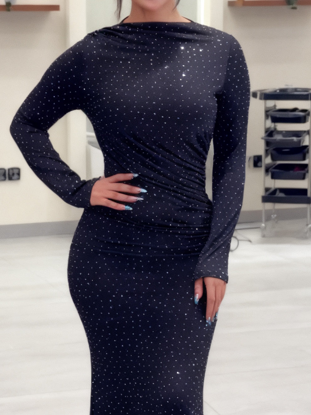 Black Rhinestone-Embellished Maxi Dress With Long Sleeves And Mermaid Silhouette NorixaFashion.com