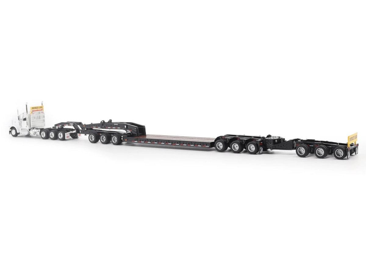 Peterbilt 589 Tridem-Axle Truck Tractor with Day Cab and Trail King TK170 Hydraulic Detachable Gooseneck Lowboy Trailer with Jeep and Booster White "Transport Series" 1/64 Diecast Model by Diecast Masters LuxuryLifeWay Online Store