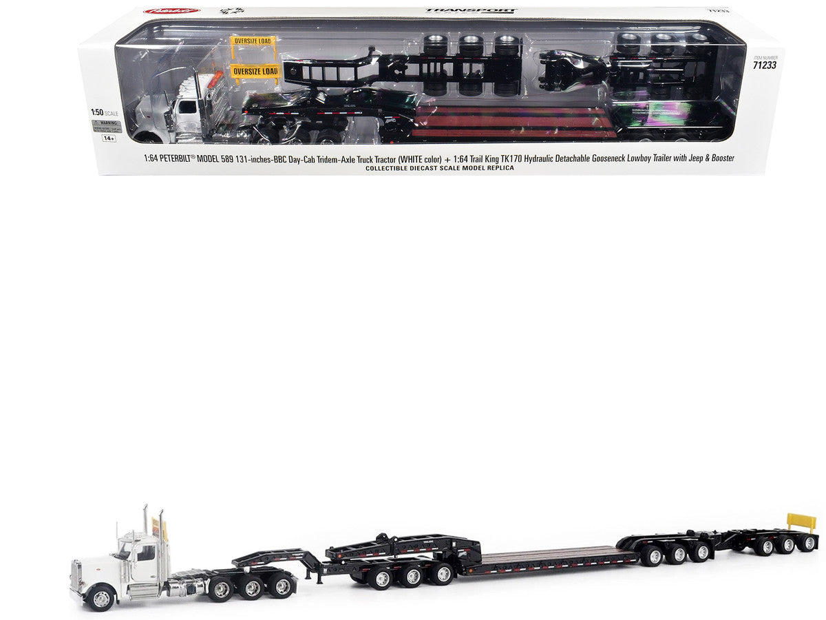 Peterbilt 589 Tridem-Axle Truck Tractor with Day Cab and Trail King TK170 Hydraulic Detachable Gooseneck Lowboy Trailer with Jeep and Booster White "Transport Series" 1/64 Diecast Model by Diecast Masters LuxuryLifeWay Online Store