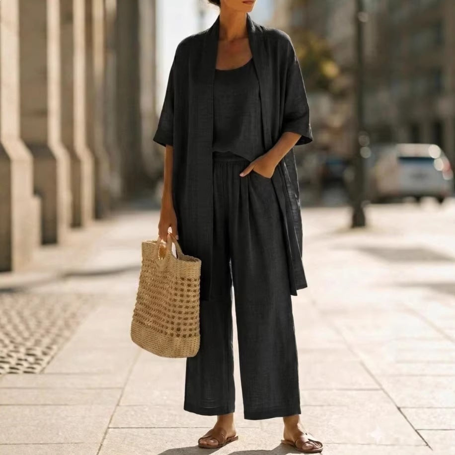 Three-piece Suit Women's Mid-length Cardigan Tank Top And Straight-leg With Pockets Fashion Trousers Set NorixaFashion.com
