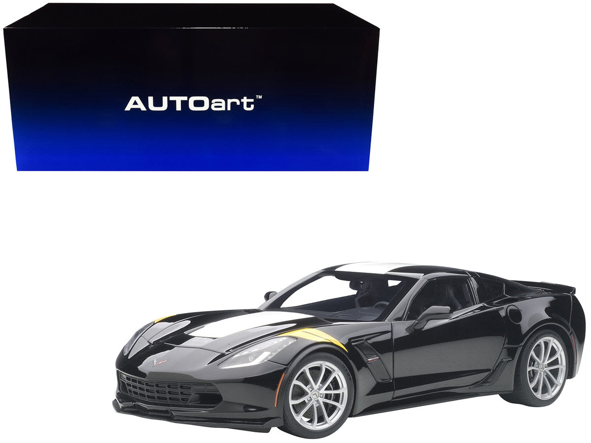 2017 Chevrolet Corvette C7 Grand Sport Black with White Stripe and Yellow Fender Hash Marks 1/18 Model Car by Autoart LuxuryLifeWay Online Store