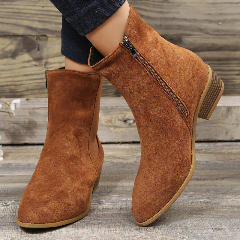 Women's Shoes Mid-calf Suede Pointed-toe Side Zip Chunky Heel Ankle Boots LadyShow.Store