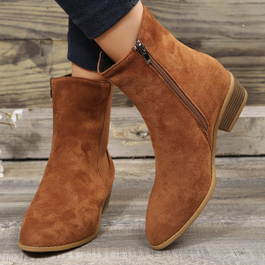 Women's Shoes Mid-calf Suede Pointed-toe Side Zip Chunky Heel Ankle Boots LadyShow.Store