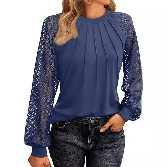 2026 Autumn New European And American Women's Long Sleeved Shirt Lace Top Casual Knitted Shirt NorixaFashion.com