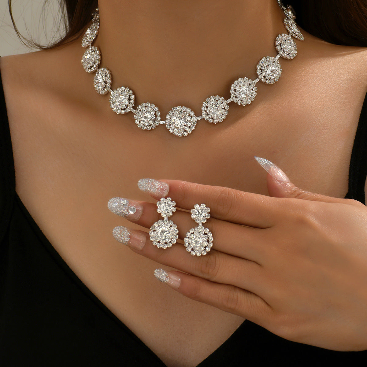 Popular Luxury Round Rhinestone Quartz Necklace And Earring Suit LadyShow.Store