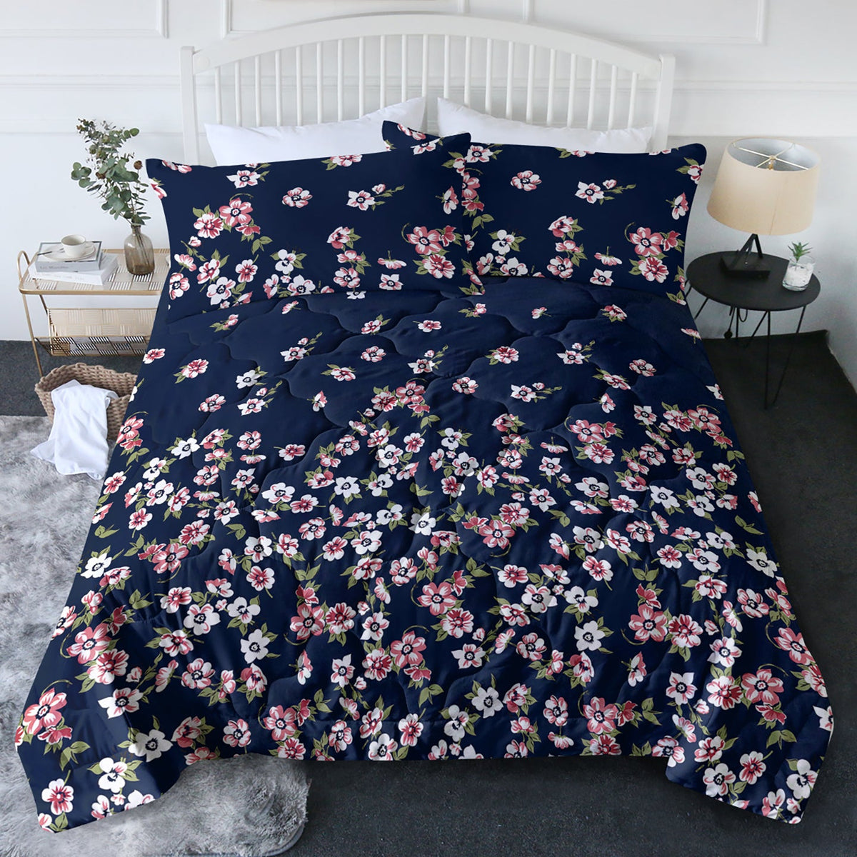 3pc Dark Blue Floral Bedding Comforter Set Including 1 Comforter Set And 2 Pillowcases Suitable For All Seasons PearlNestDecor.com