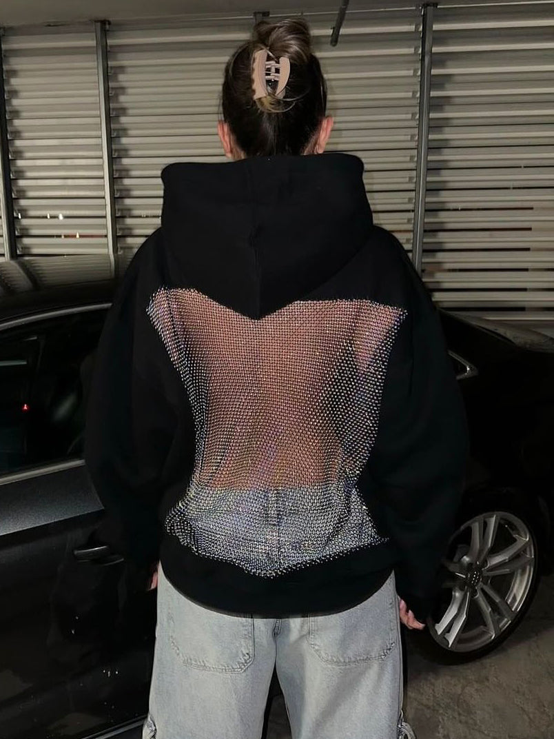 Casual Patchwork Mesh Diamond Hooded Sweatshirt NorixaFashion.com