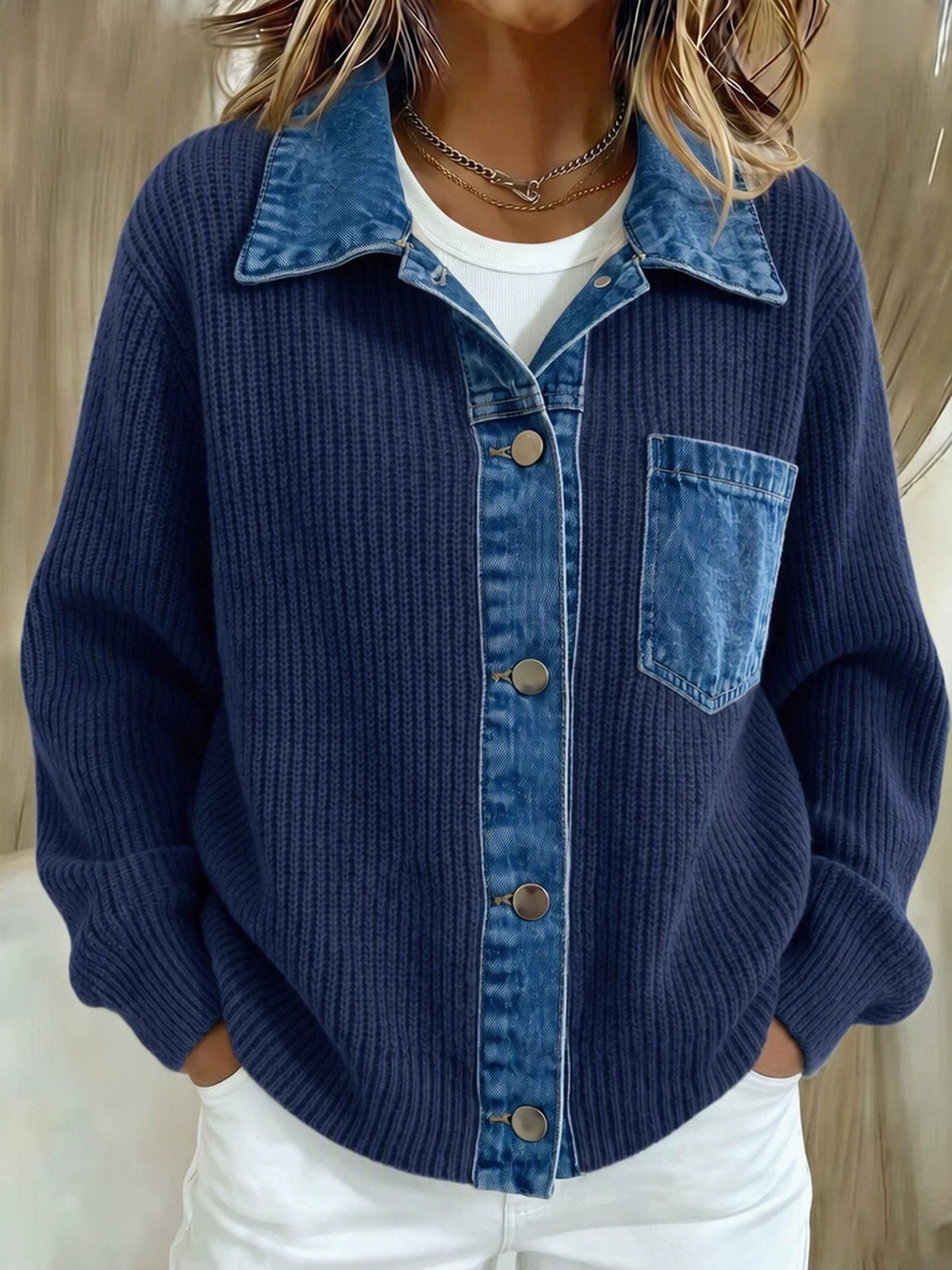 2026 European And American Cross-border Denim Patchwork Knit Cardigan For Women, Loose And Casual Style, Color-block Long-sleeve Sweater Jacket NorixaFashion.com