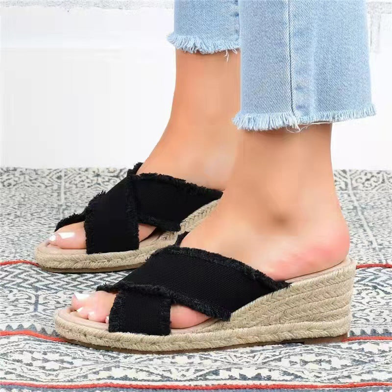 Denim Fashion Hemp Braided Lightweight High Heel Slippers LadyShow.Store