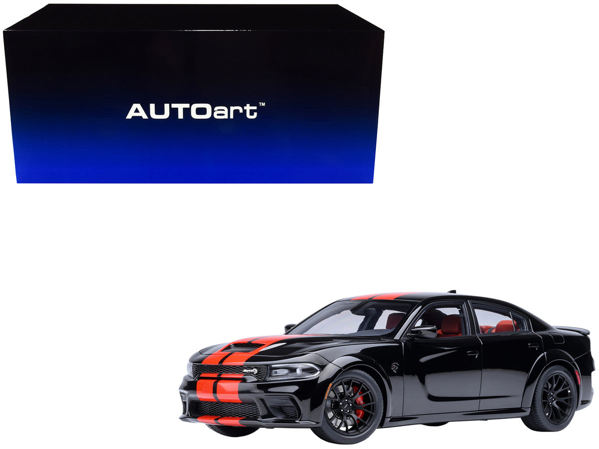 Dodge Charger SRT Hellcat Redeye Pitch Black with Red Stripes and Interior 1/18 Model Car by Autoart LuxuryLifeWay Online Store