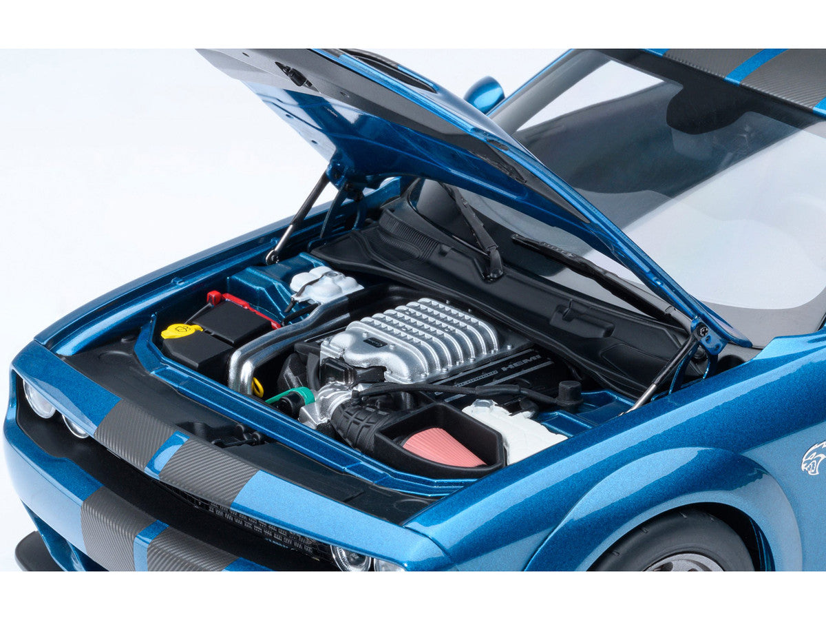 2023 Dodge Challenger SRT Super Stock Frostbite Blue Metallic with Carbon Stripes 1/18 Model Car by Autoart LuxuryLifeWay Online Store