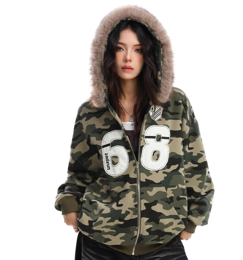 Camouflage Fur Collar Hooded Sweater Best YouTube Store