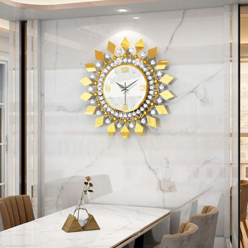 Luxury Gold Crystal Sunburst Wall Clock Modern Living Room Decor PearlNestDecor.com