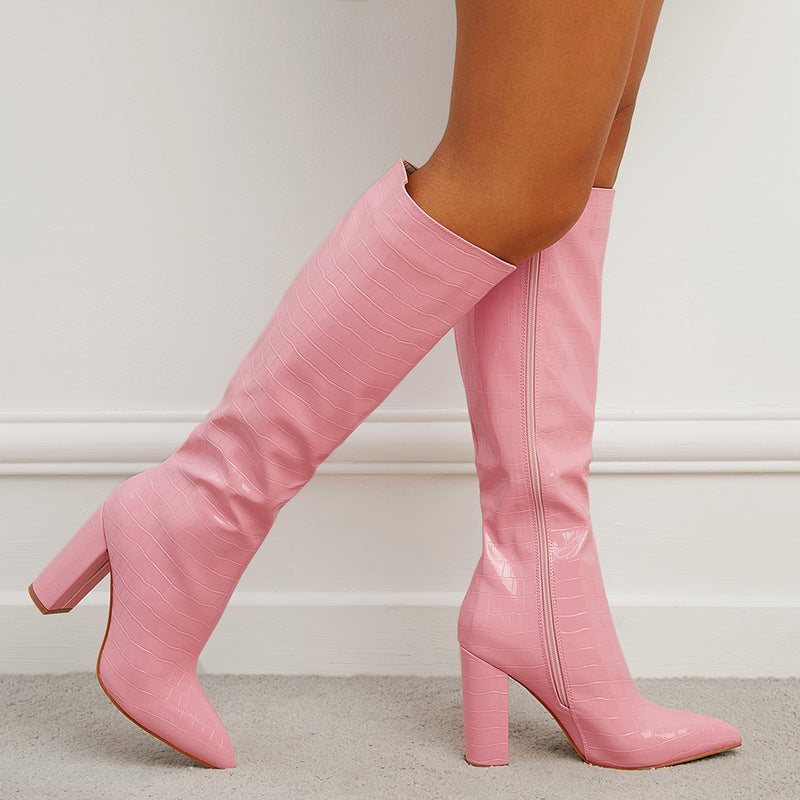 Fashion Boots Winter Pointed Toe High Square Heel Shoes With Side Zipper Mid-calf Boots Women LadyShow.Store