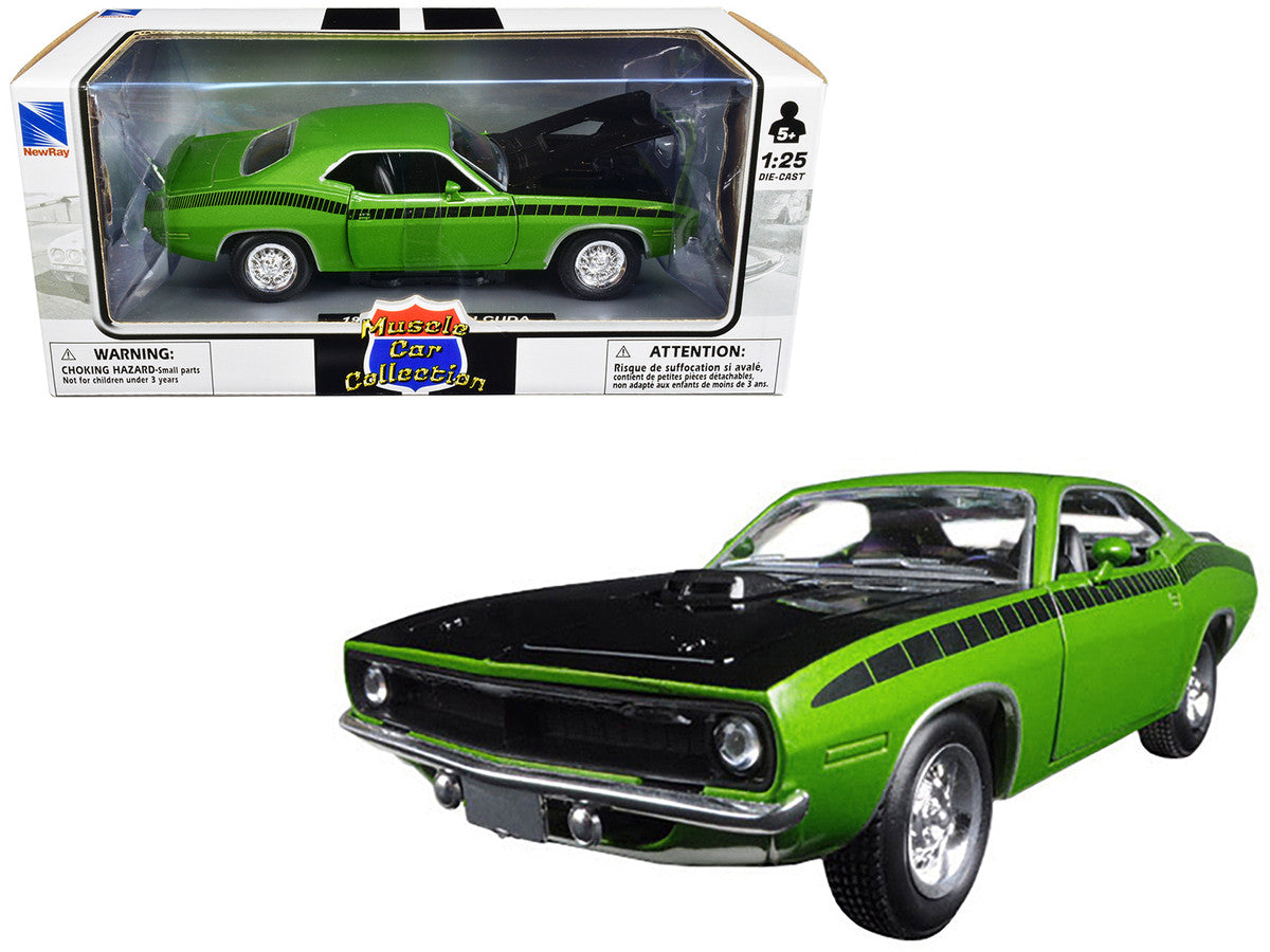 1970 Plymouth Barracuda Green with Black Hood and Stripes "Muscle Car Collection" 1/25 Diecast Model Car by New Ray LuxuryLifeWay Online Store