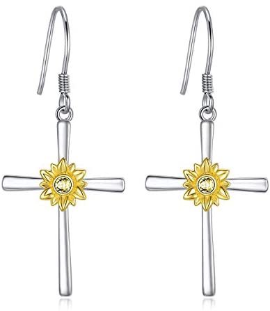 Sunflower Earrings Sterling Silver Cross Dangle Drop Hooks Earrings Sunflower Flower Jewelry Gifts for Women Teens Birthday LadyShow.Store