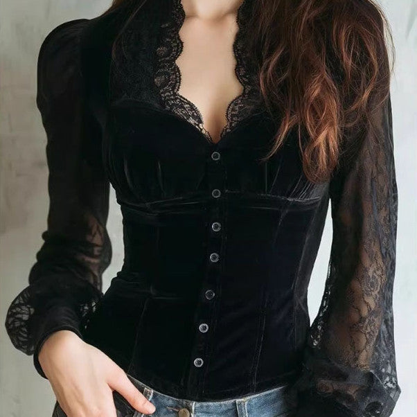 Women's French-style Black Velvet And Lace Patchwork Top LadyShow.Store