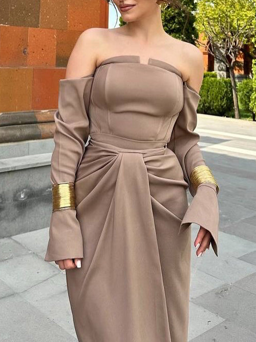 Off-Shoulder Maxi Dress With Draped Detail NorixaFashion.com