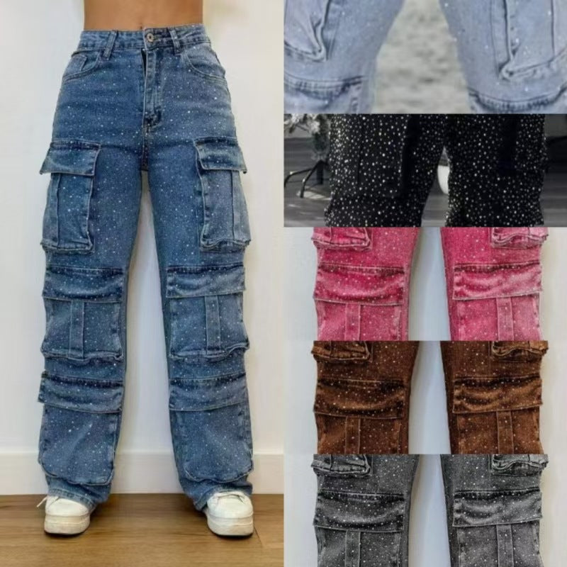 Women's Casual Jeans With Pockets And Diamonds Overalls LadyShow.Store