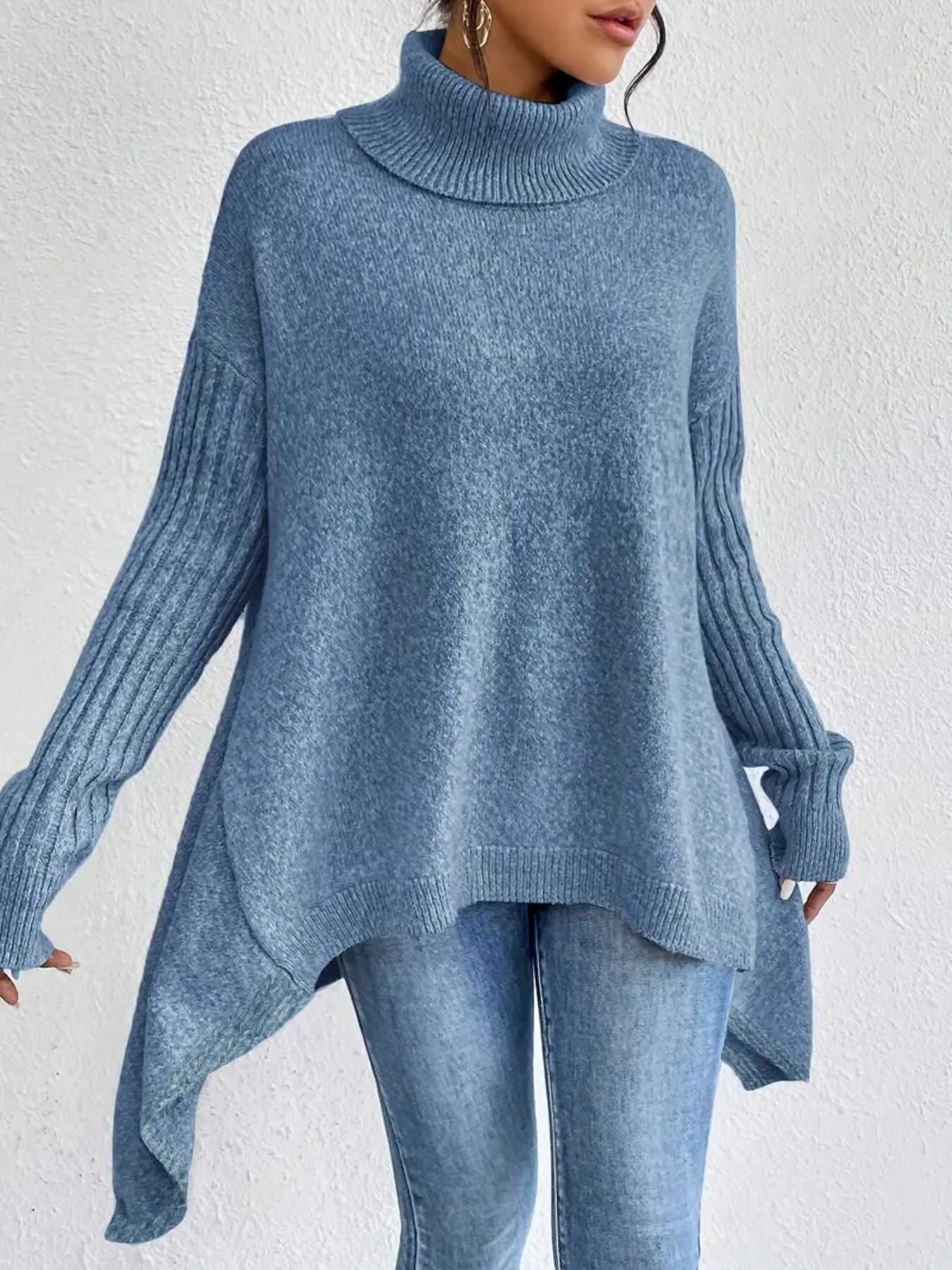 Irregular Turtleneck Sweater Winter Loose Long Sleeve Knitted Tops Leisure Warm Pullover Sweater Women's Clothing Best YouTube Store