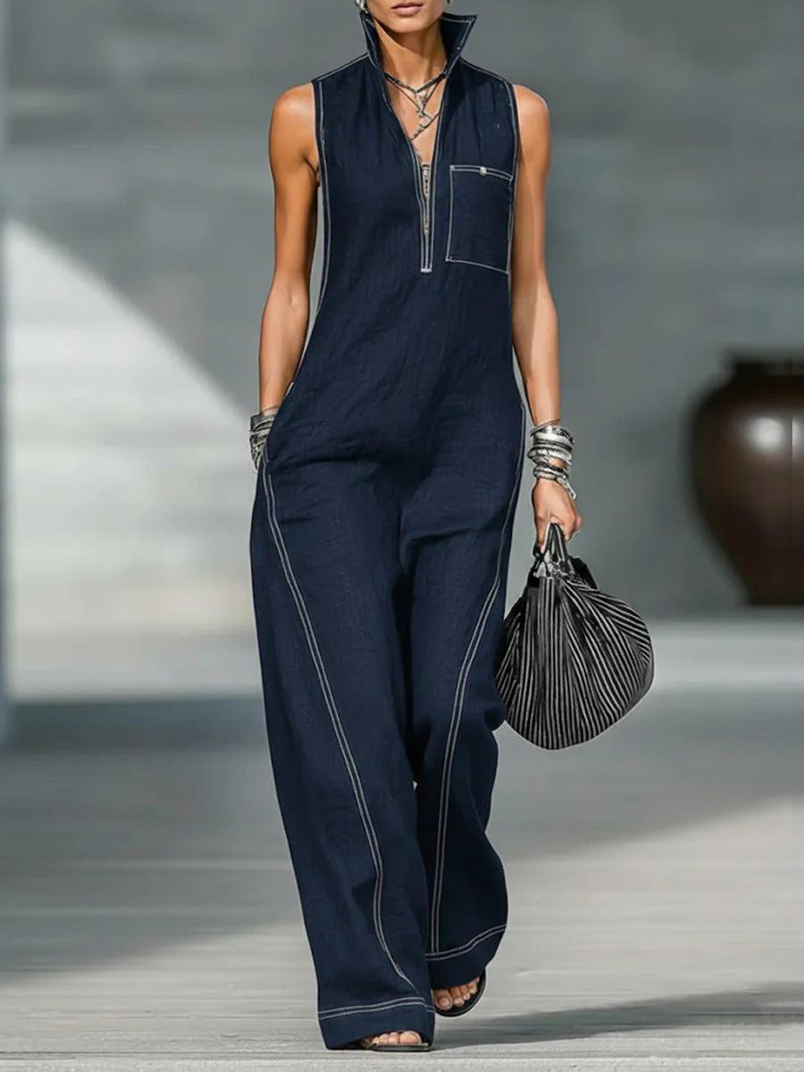 Stand-up Collar Jumpsuit With Pockets Summer Fashion Casual Sleeveless Jumpsuit Trousers Women's Clothing LadyShow.Store