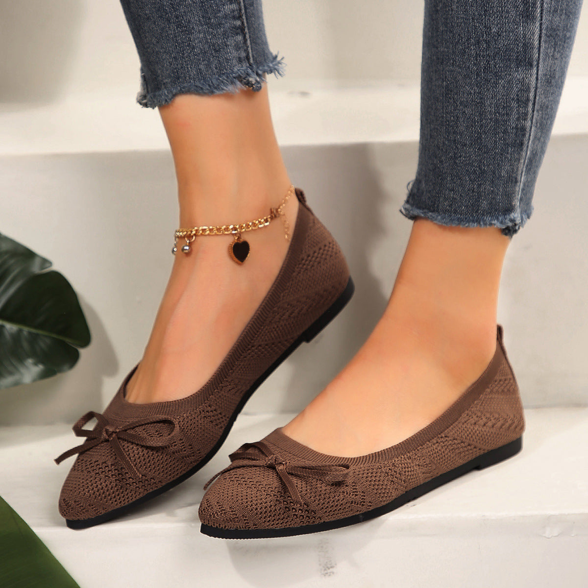 Bow Knitted Loafers Ins Fashion Pointed-toed Flats Shoes For Women CJD