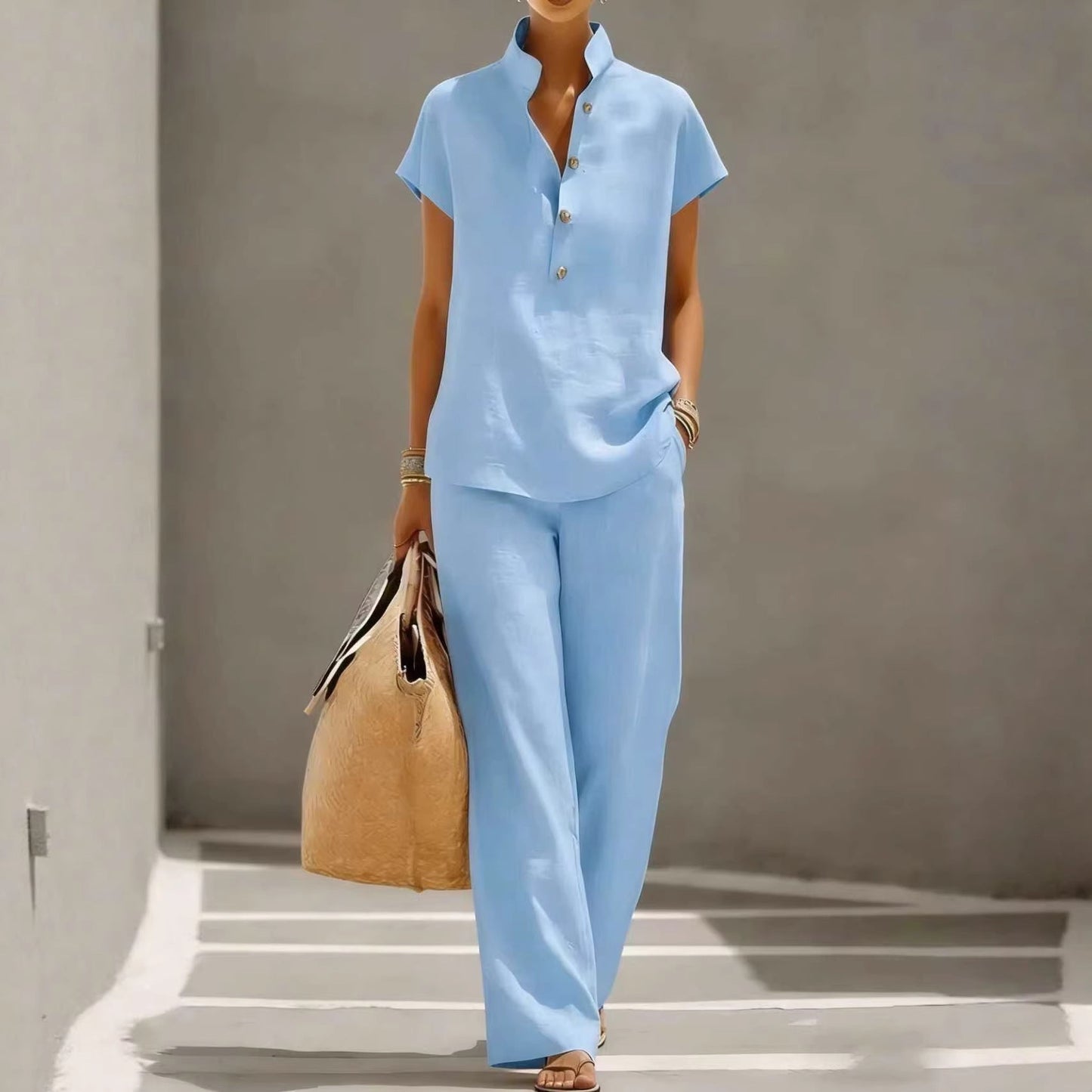 Casual Lazy-Style Cardigan Short-Sleeve Pants Solid-Color Set NorixaFashion.com