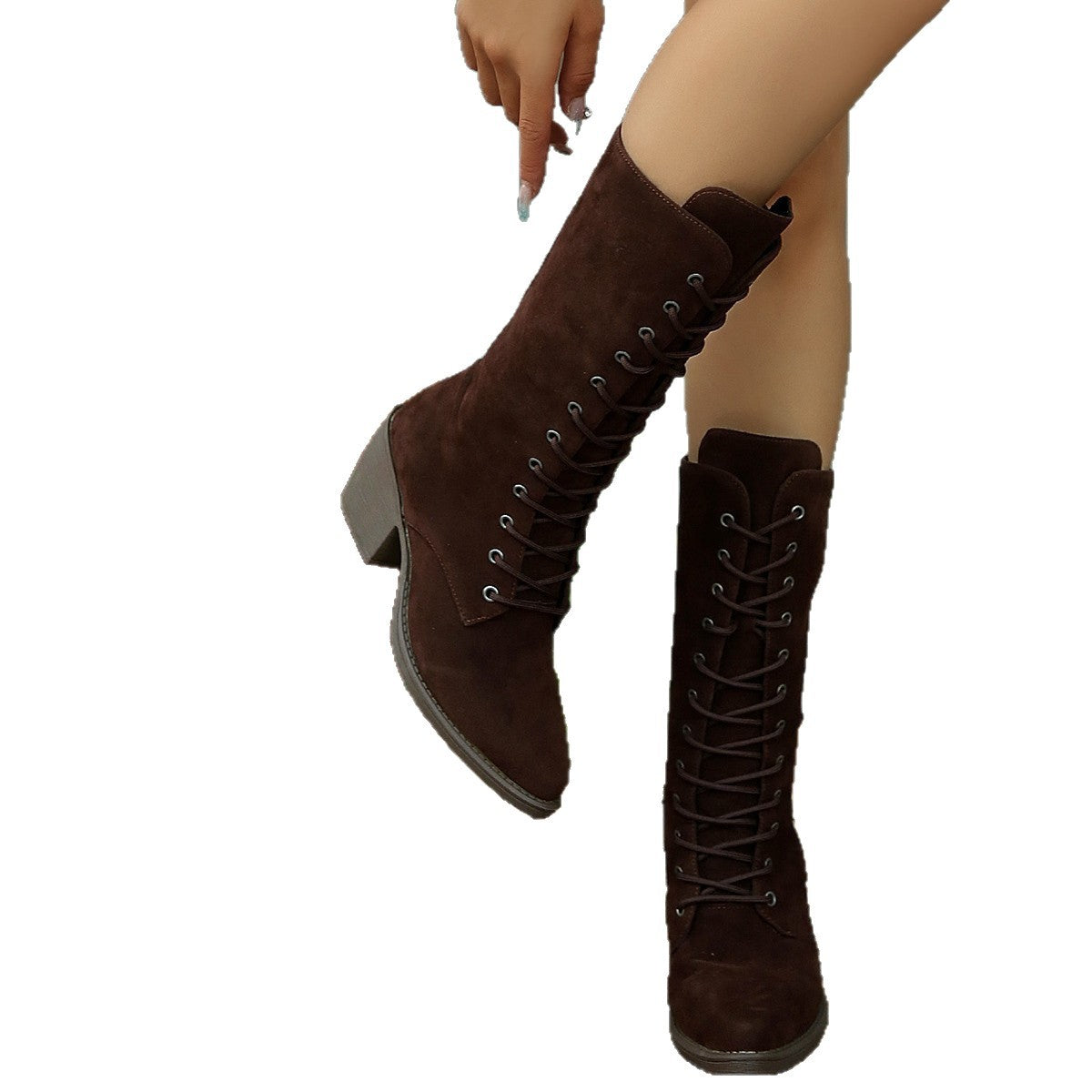 Mid-calf Fashion Suede Lace-up Pointed Chunky Heel Women's Boots LadyShow.Store