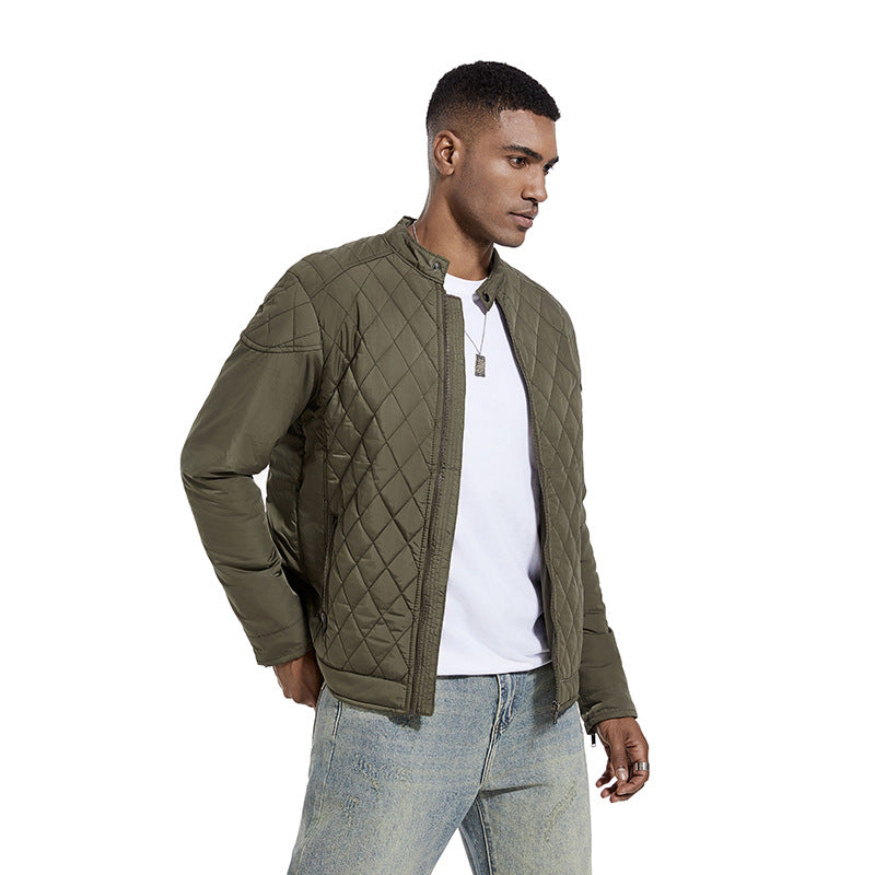 2026 Cross-Border Autumn And Winter Men's Lightweight Cotton Jacket Casual Diamond-Shaped Stand Collar Coat Harrington Jacket Cotton-Padded Jacket Men's Fashion Trend NorixaFashion.com