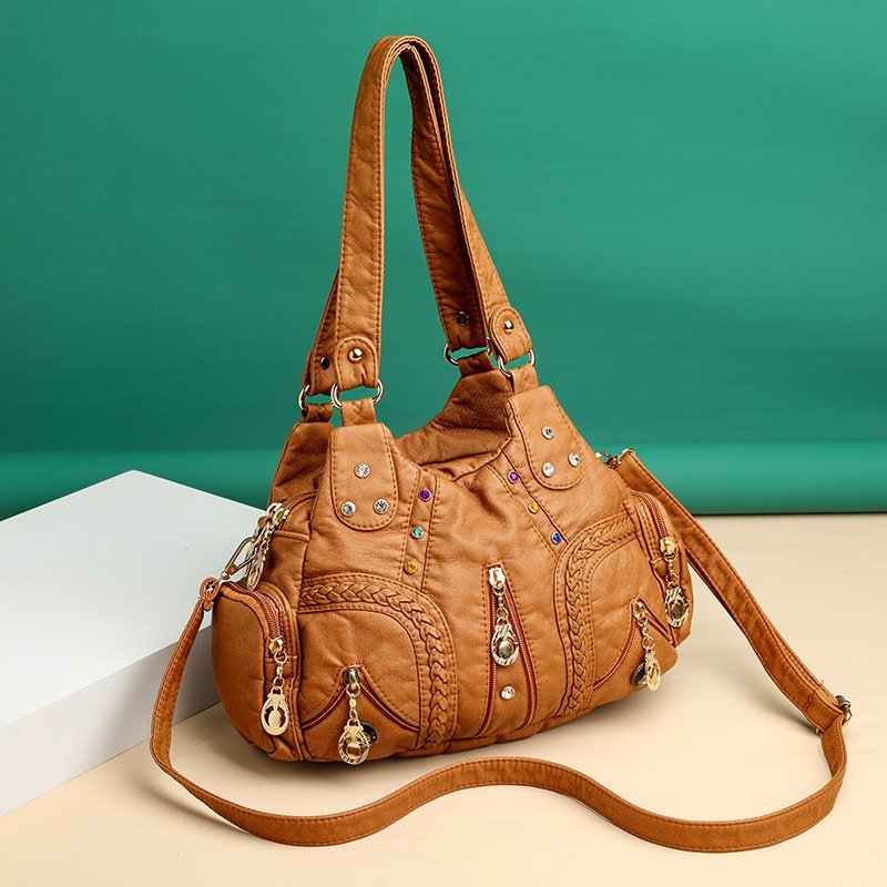 Washed Mother Bag with Rivets and Diamond Details Pi-Mart