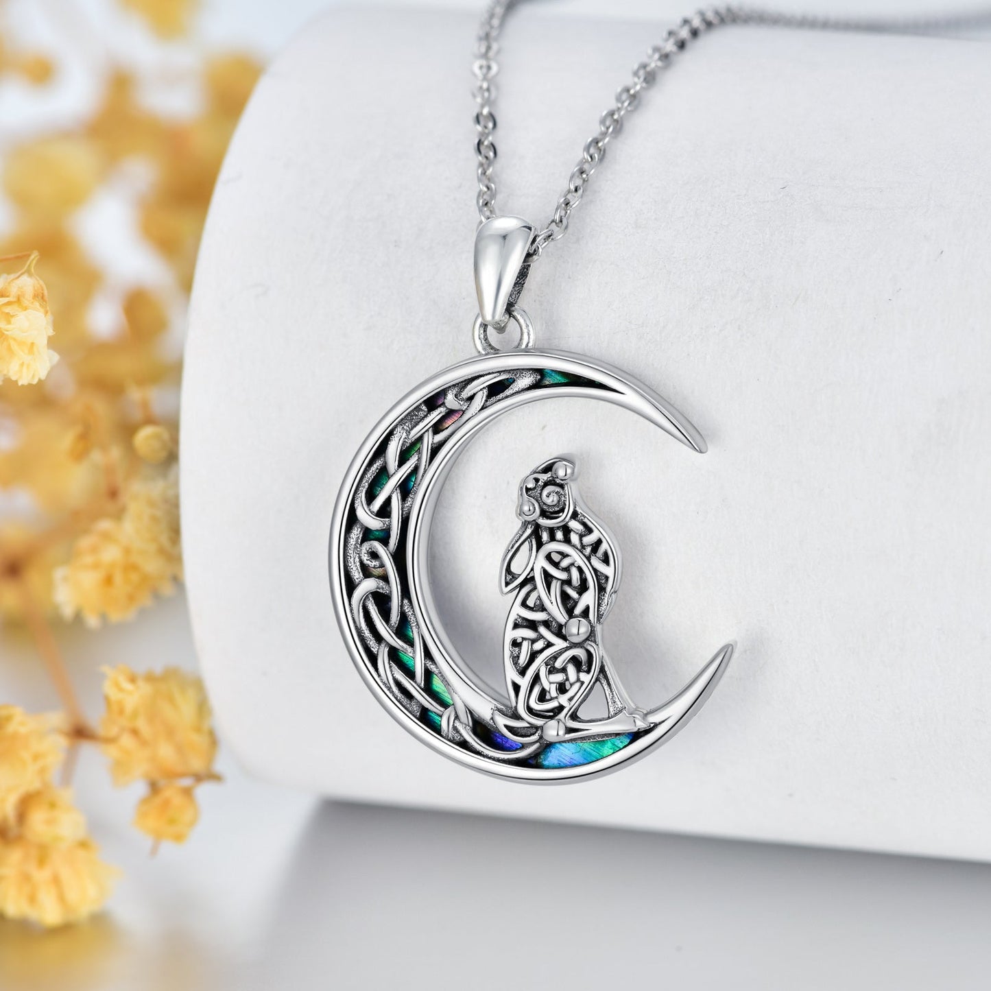 Celtic Knot Bunny Moon Necklace Sterling Silver Abalone Shellfish Pendant Jewelry Gifts LadyShow.Store