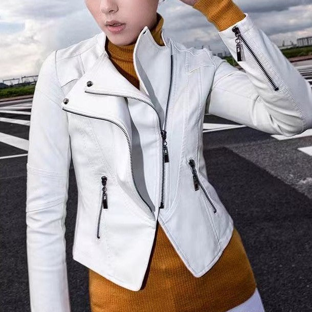 New Women's Leather Top Coat European And American Fashion Motorcycle Slim Fit Short Leather Jacket Jacket Zipper One Generation LadyShow.Store