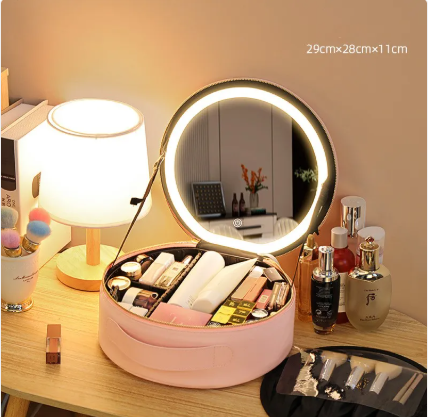 Round Smart LED Makeup Bag With Mirror Lights Women Beauty Bag Large Capacity PU Leather Travel Organizers Cosmetic Case LadyShow.Store